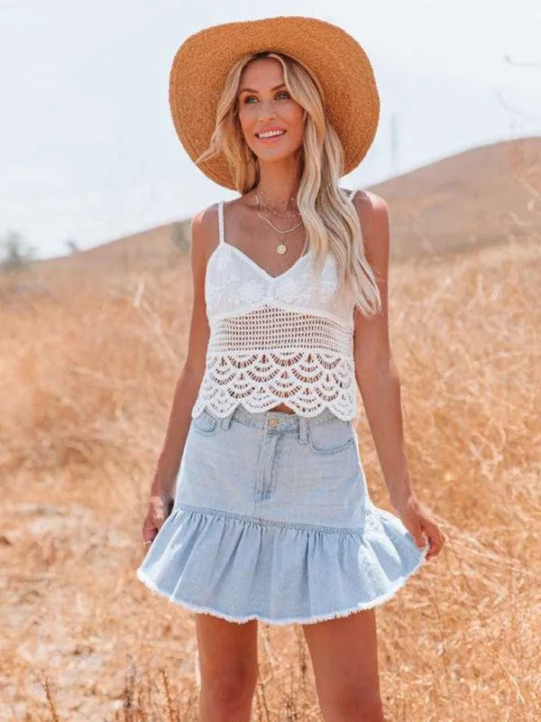 Country Boho Light Denim Ruffle Pleated Mini Skirt