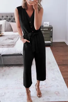 Crop Jumpsuit with Sash - Black