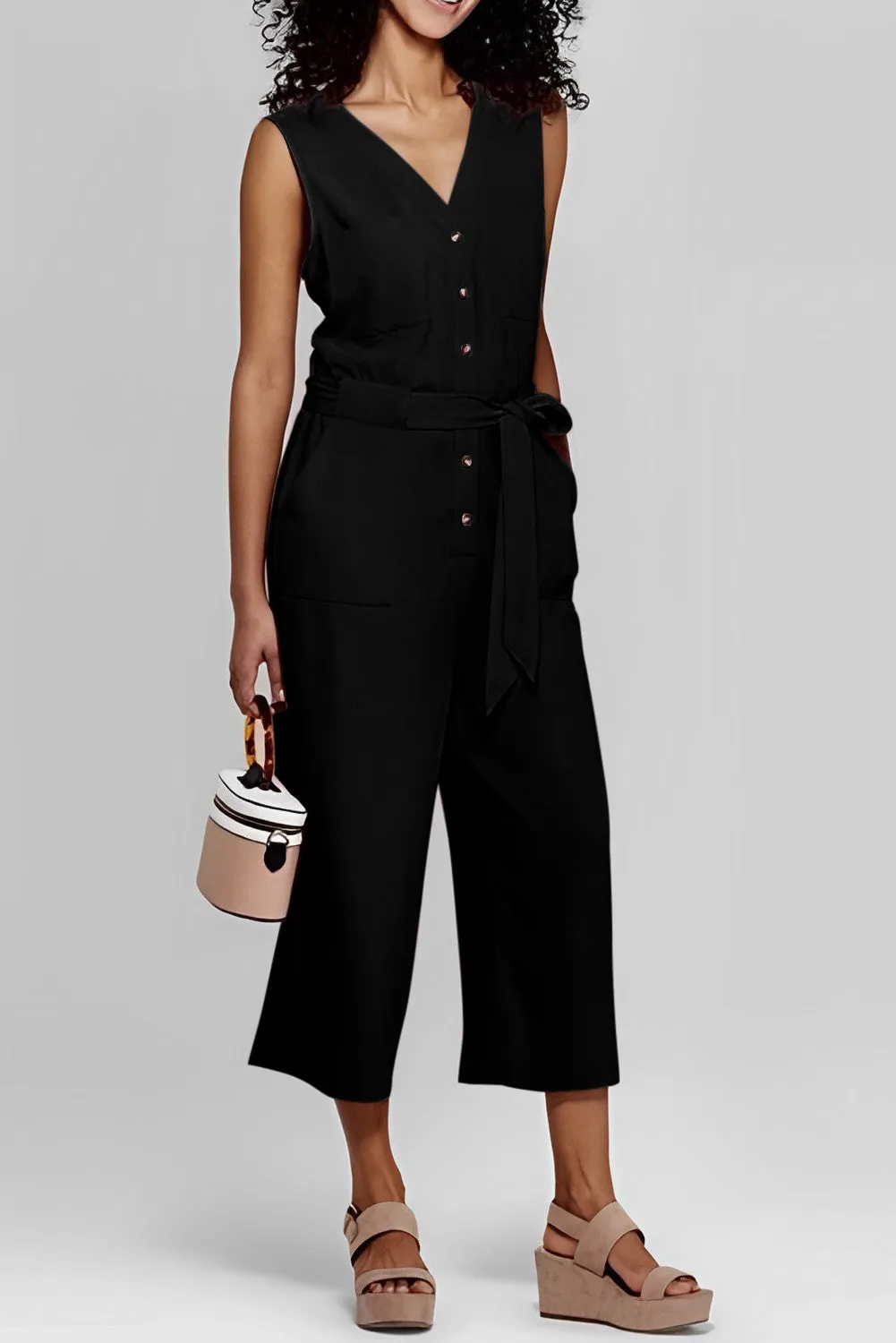 Crop Jumpsuit with Sash - Black