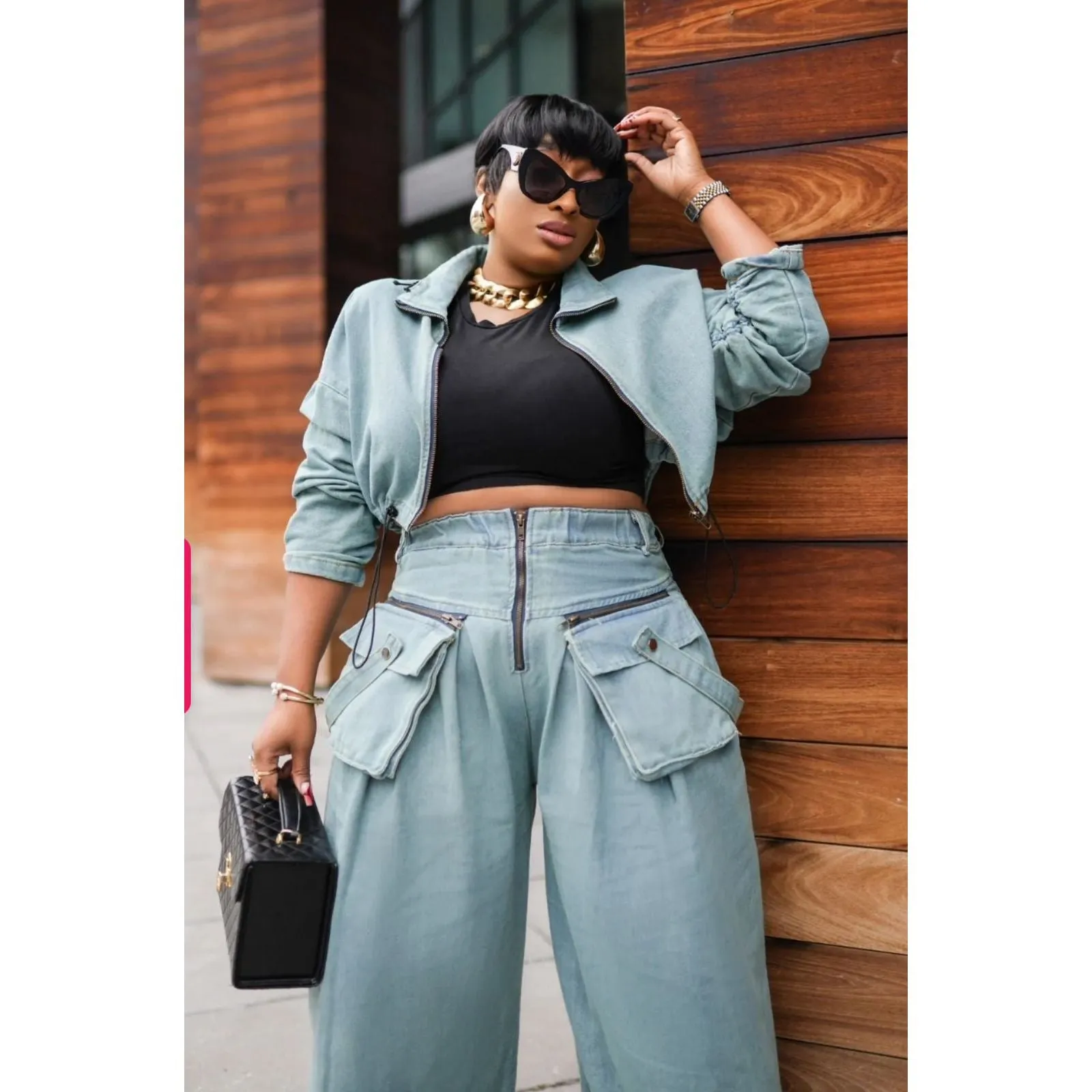 Denim Crop Blouse and Cargo Pant Set