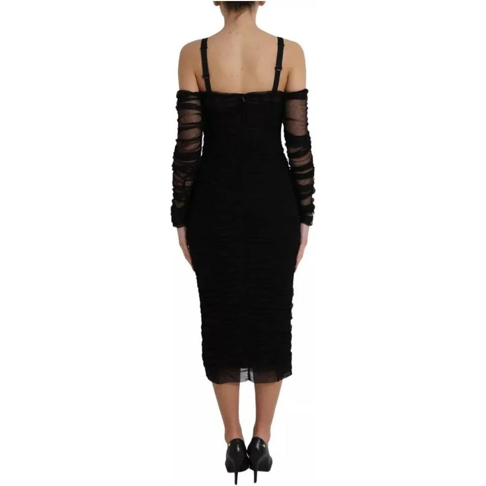 Dolce & Gabbana Black Cold Shoulder Stretch Tulle Midi Dress