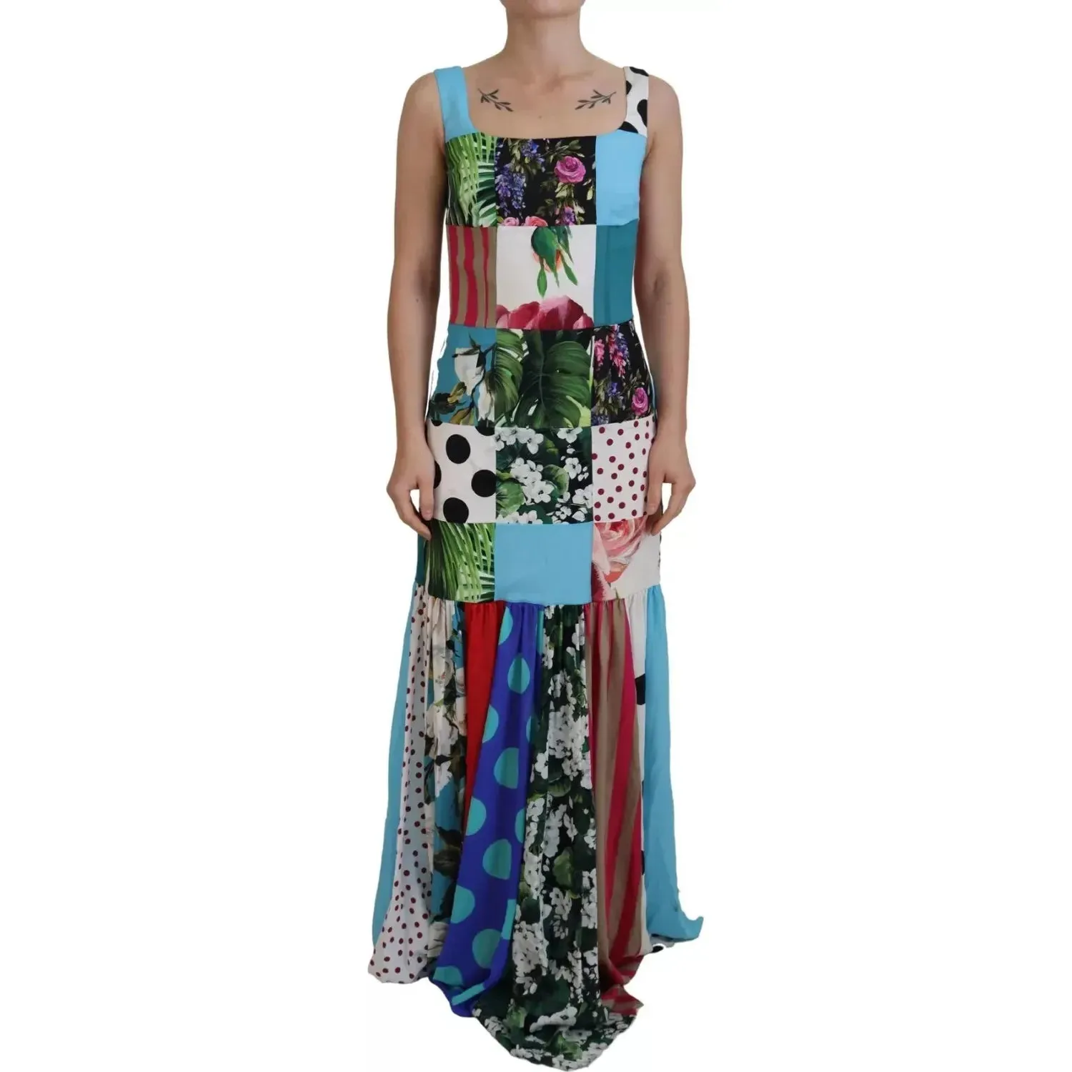 Dolce & Gabbana Silk Multicolor Patchwork Sheath Maxi Dress