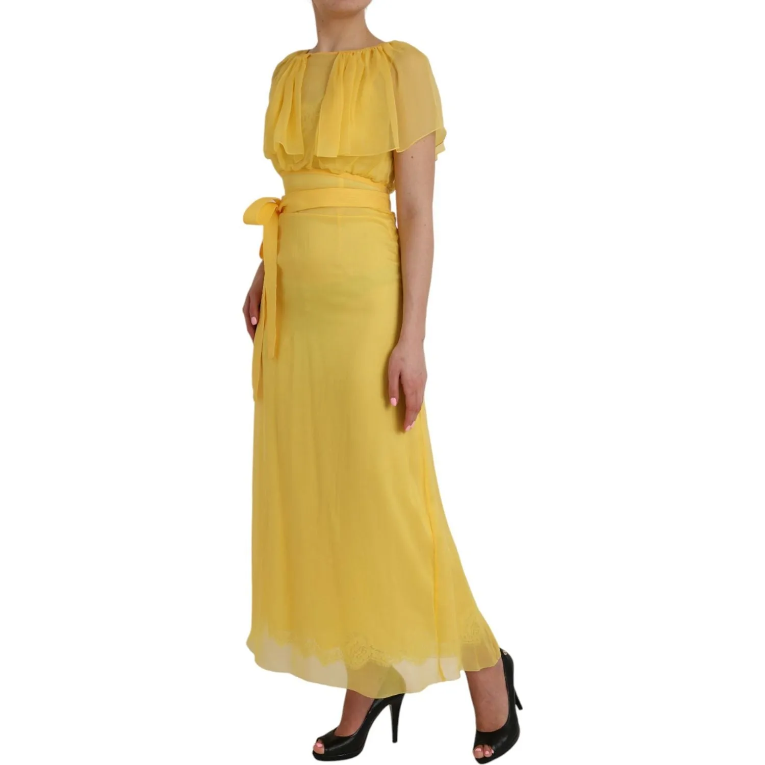 Dolce & Gabbana Yellow Silk Sheath Belted Long Maxi Dress