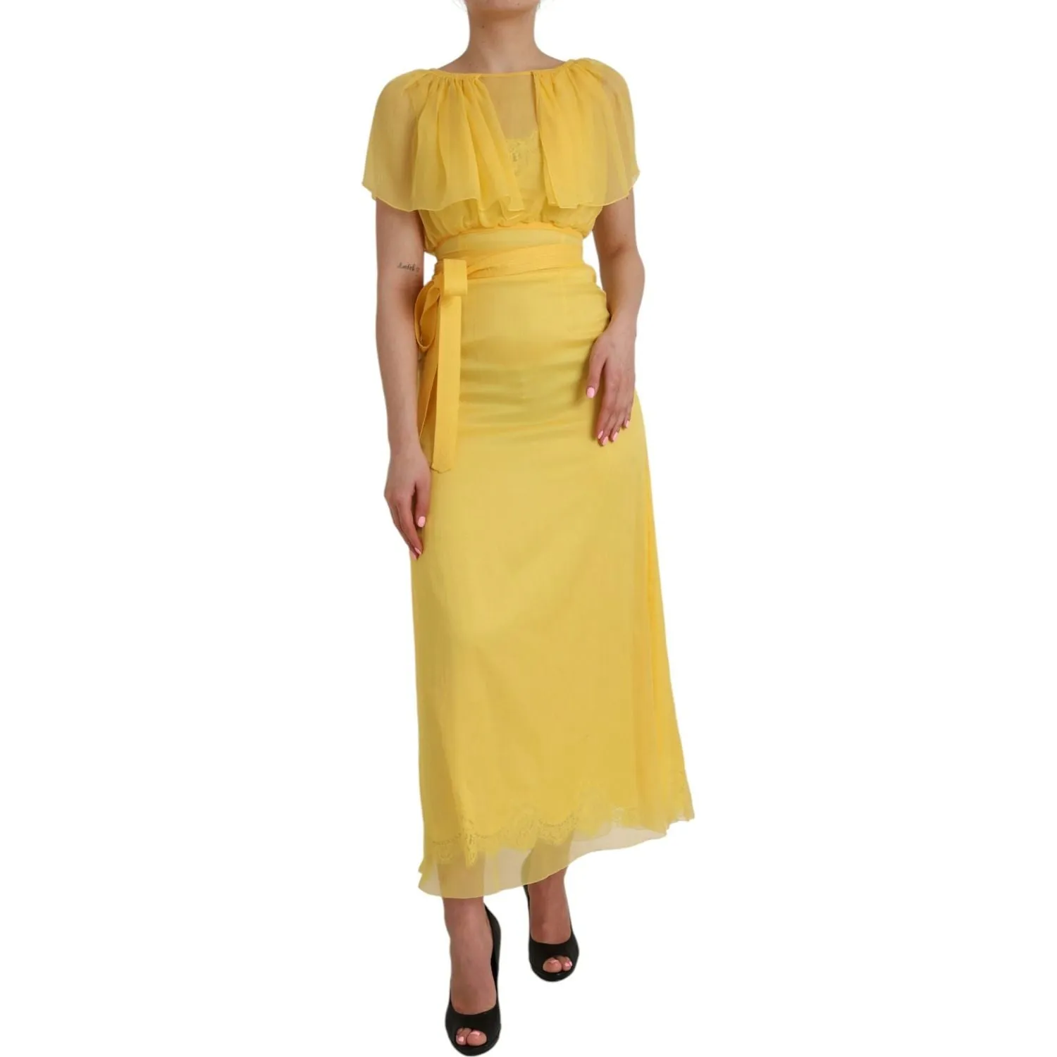 Dolce & Gabbana Yellow Silk Sheath Belted Long Maxi Dress