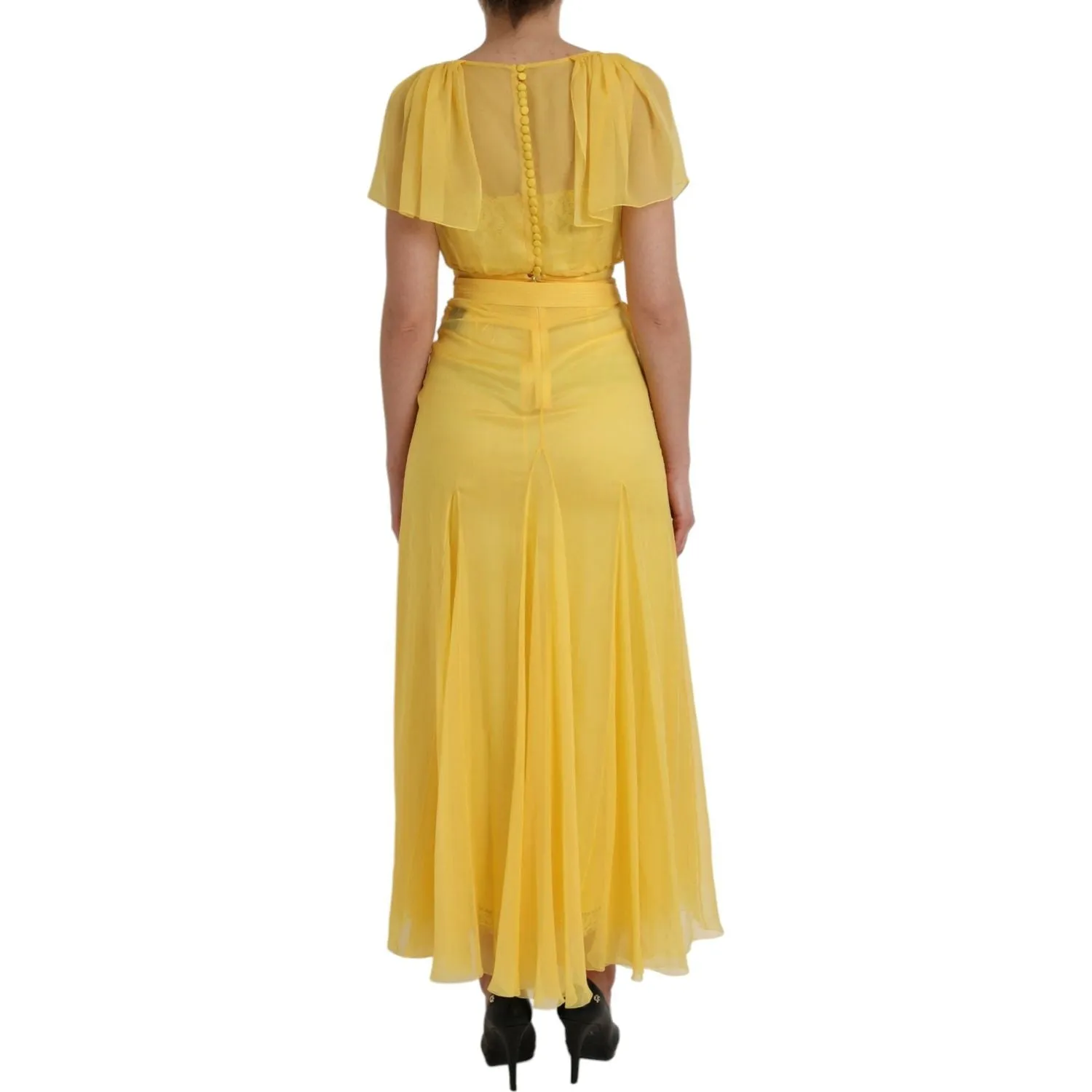 Dolce & Gabbana Yellow Silk Sheath Belted Long Maxi Dress