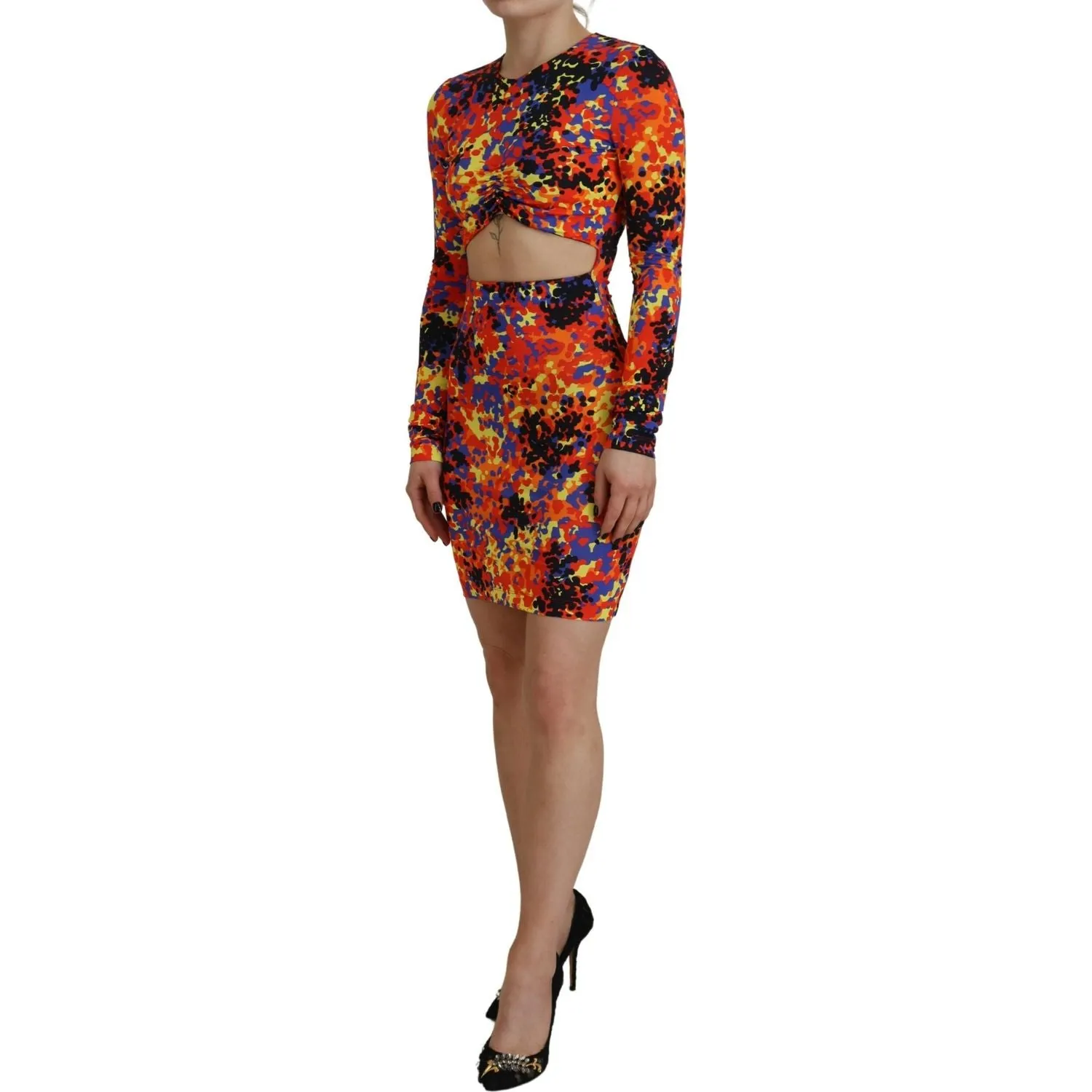 Dsquared² Multicolor Batik Open Belly Long Sleeves Dress