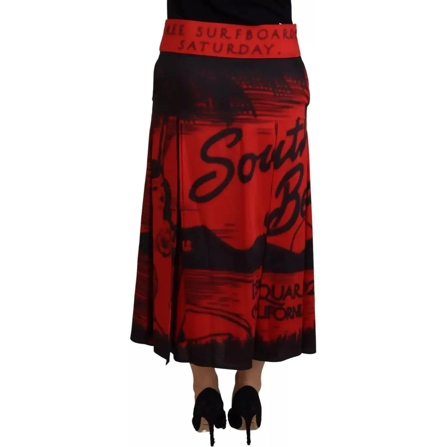 Dsquared² Red Printed High Waist A-line Pleated Midi Skirt