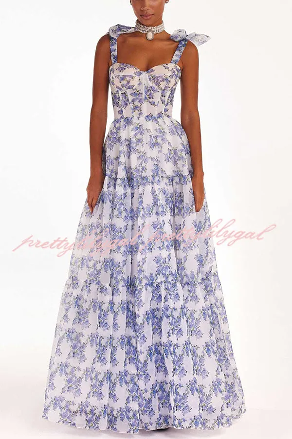 Fairytale Itself Organza Floral Print Tie Strap Maxi Dress