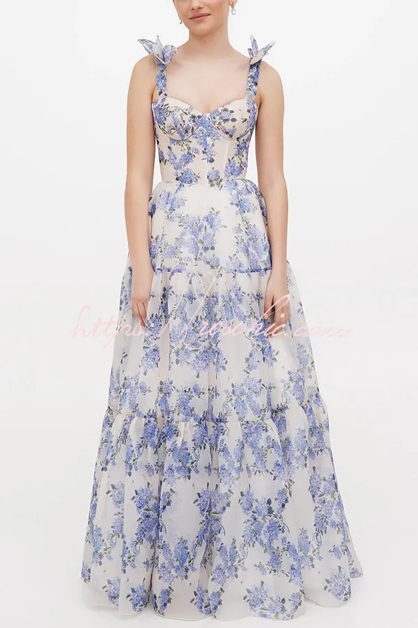 Fairytale Itself Organza Floral Print Tie Strap Maxi Dress