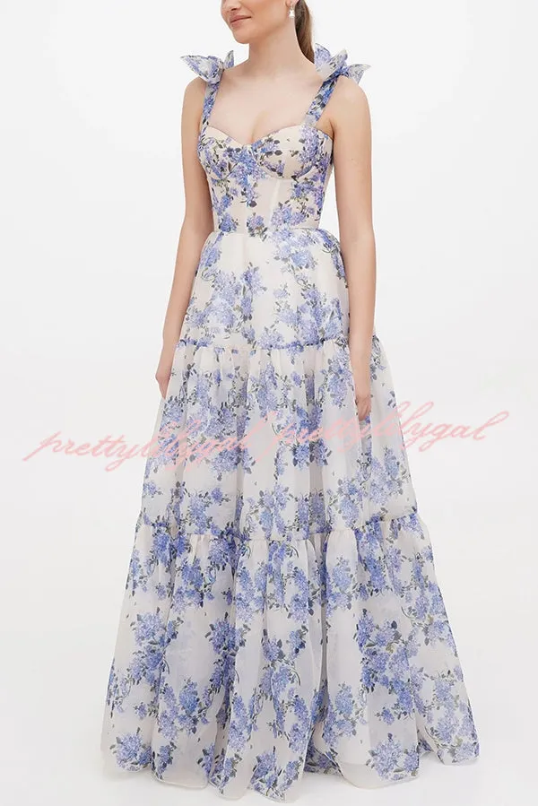 Fairytale Itself Organza Floral Print Tie Strap Maxi Dress