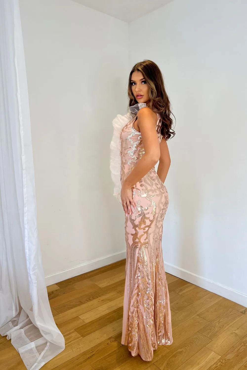 Fairytale Ruffle Luxe Rose Gold Keyhole Victorian Sequin Illusion Maxi Dress