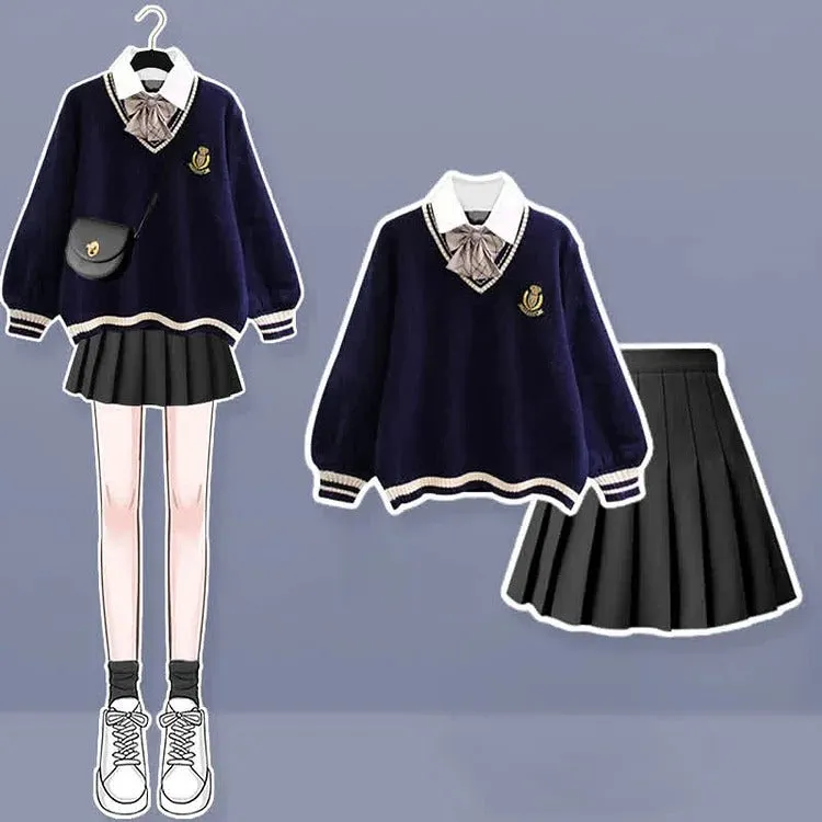 Fake Two Uniform Bow Sweater Pleated Skirt Plush Pants Two Piece Set