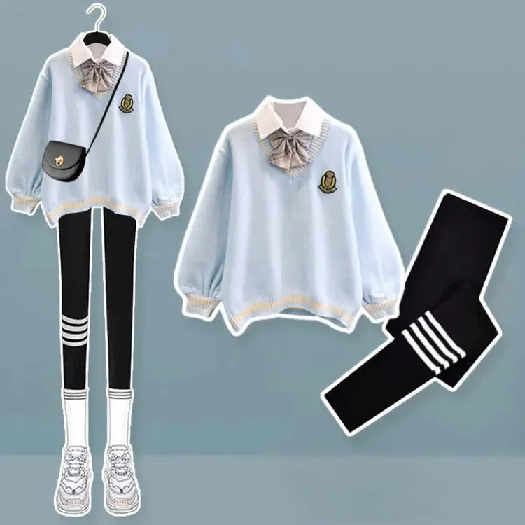 Fake Two Uniform Bow Sweater Pleated Skirt Plush Pants Two Piece Set