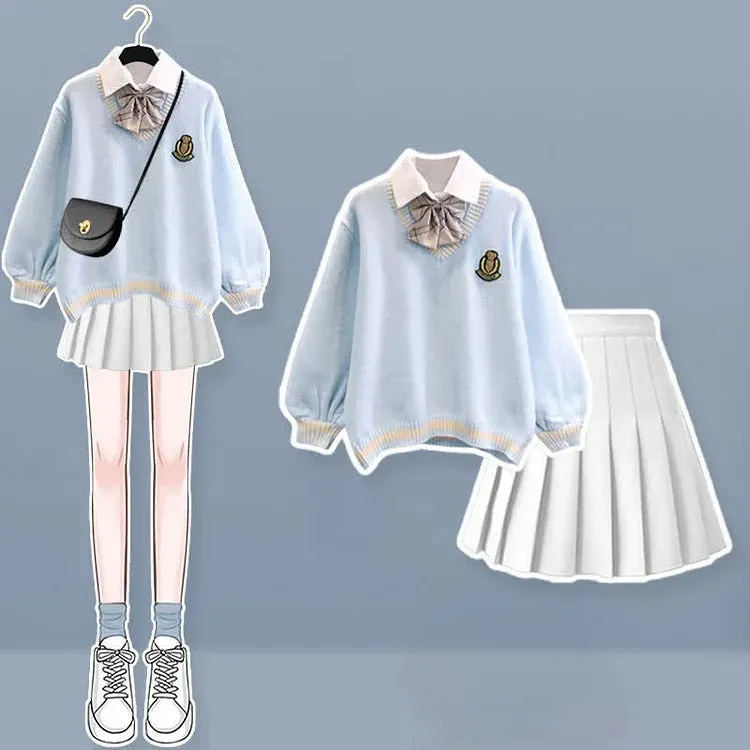 Fake Two Uniform Bow Sweater Pleated Skirt Plush Pants Two Piece Set