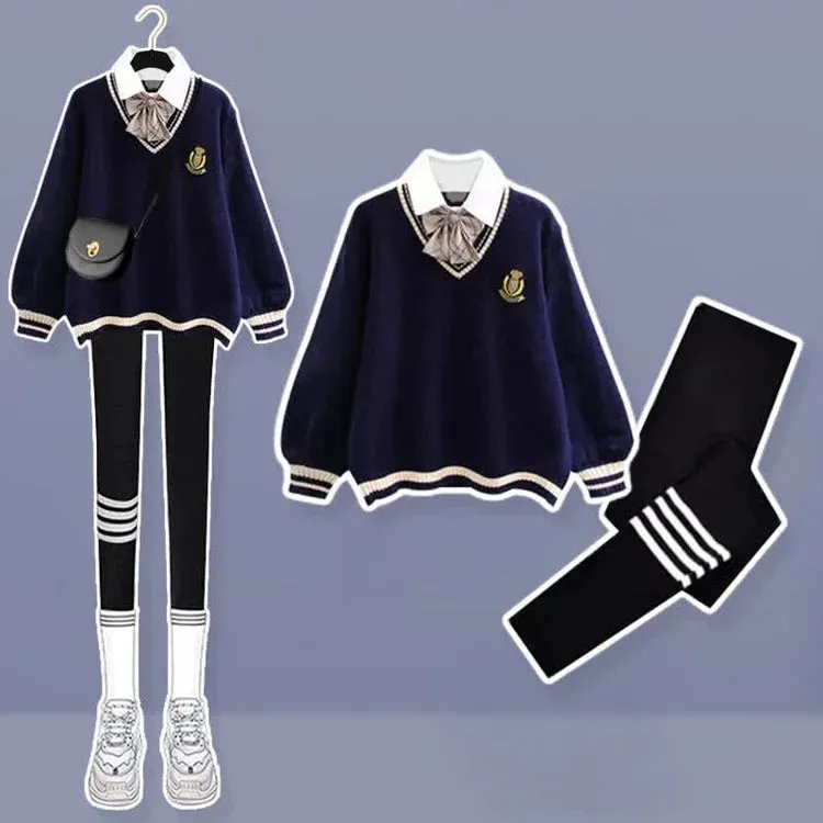 Fake Two Uniform Bow Sweater Pleated Skirt Plush Pants Two Piece Set