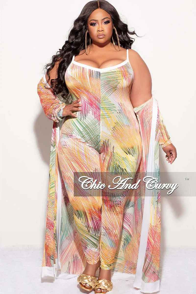 Final Sale Plus Size 2pc Duster & Spaghetti Strap Jumpsuit Set in Multi Color Print