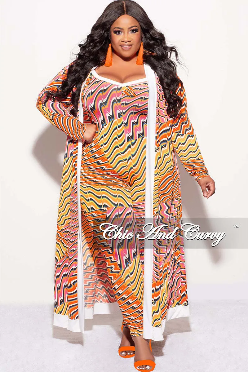 Final Sale Plus Size 2pc Duster & Spaghetti Strap Jumpsuit Set in Orange Multi Color Print