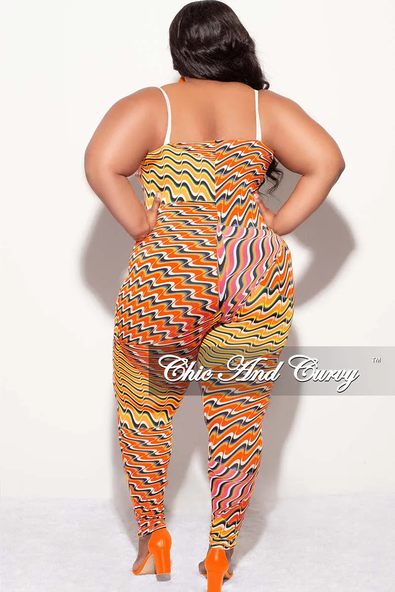 Final Sale Plus Size 2pc Duster & Spaghetti Strap Jumpsuit Set in Orange Multi Color Print