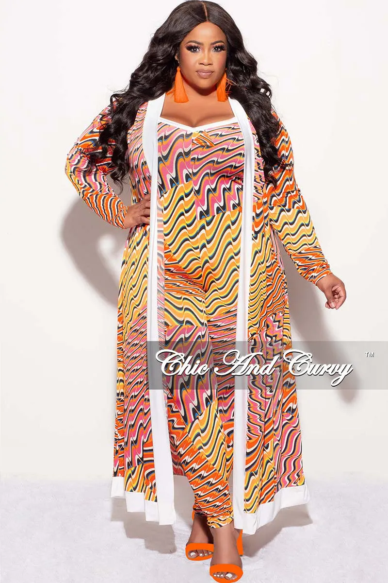 Final Sale Plus Size 2pc Duster & Spaghetti Strap Jumpsuit Set in Orange Multi Color Print