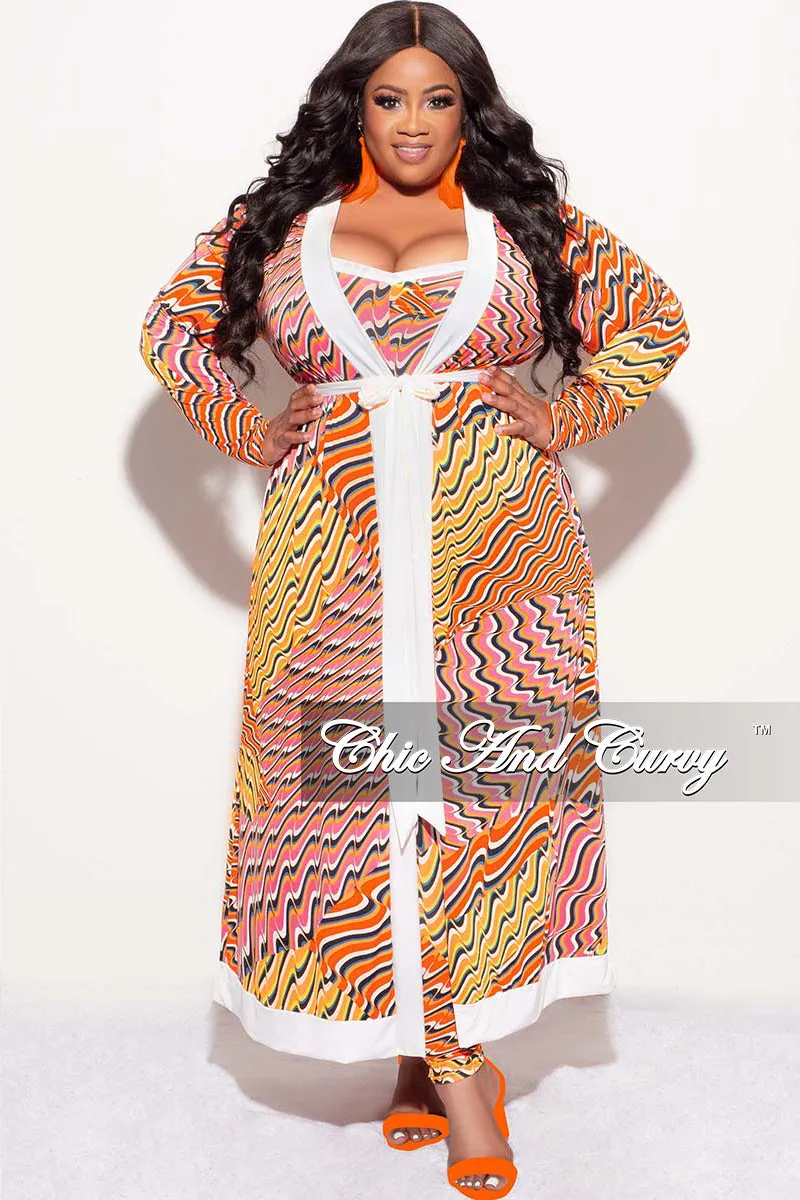 Final Sale Plus Size 2pc Duster & Spaghetti Strap Jumpsuit Set in Orange Multi Color Print