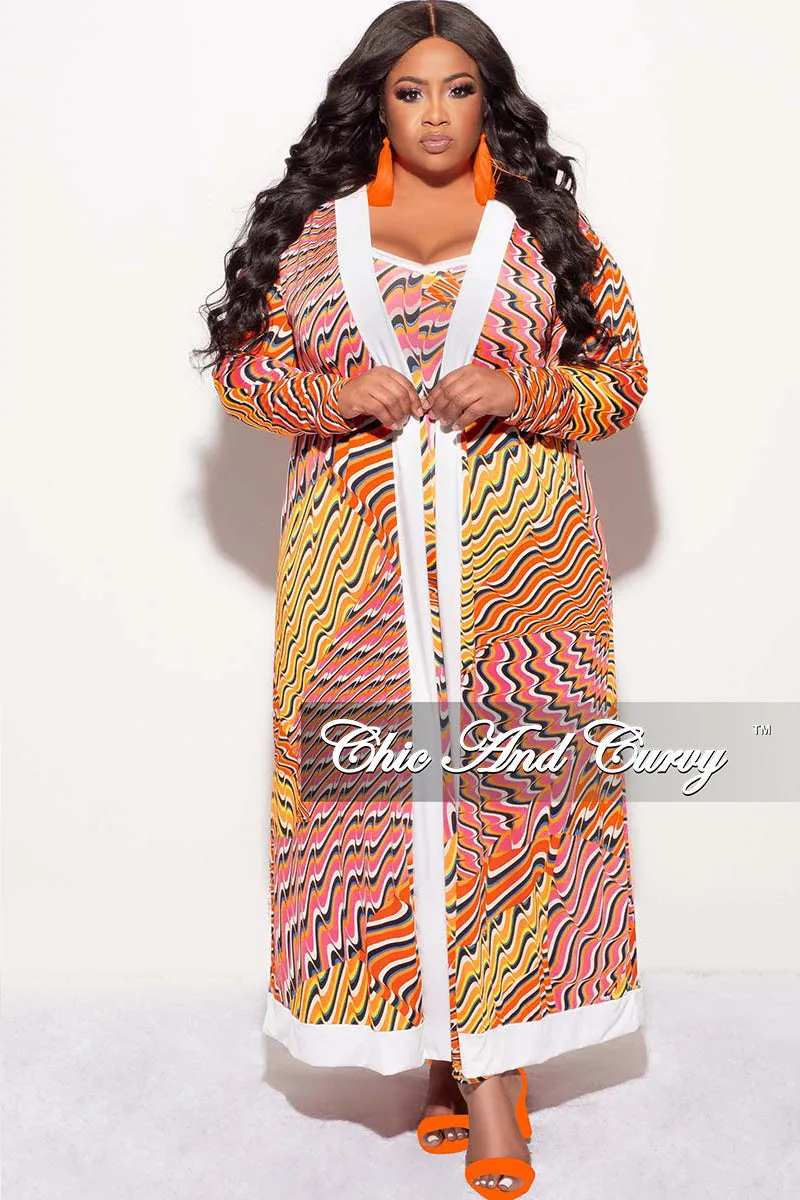 Final Sale Plus Size 2pc Duster & Spaghetti Strap Jumpsuit Set in Orange Multi Color Print