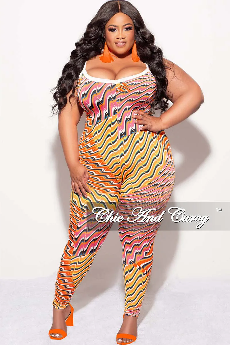 Final Sale Plus Size 2pc Duster & Spaghetti Strap Jumpsuit Set in Orange Multi Color Print