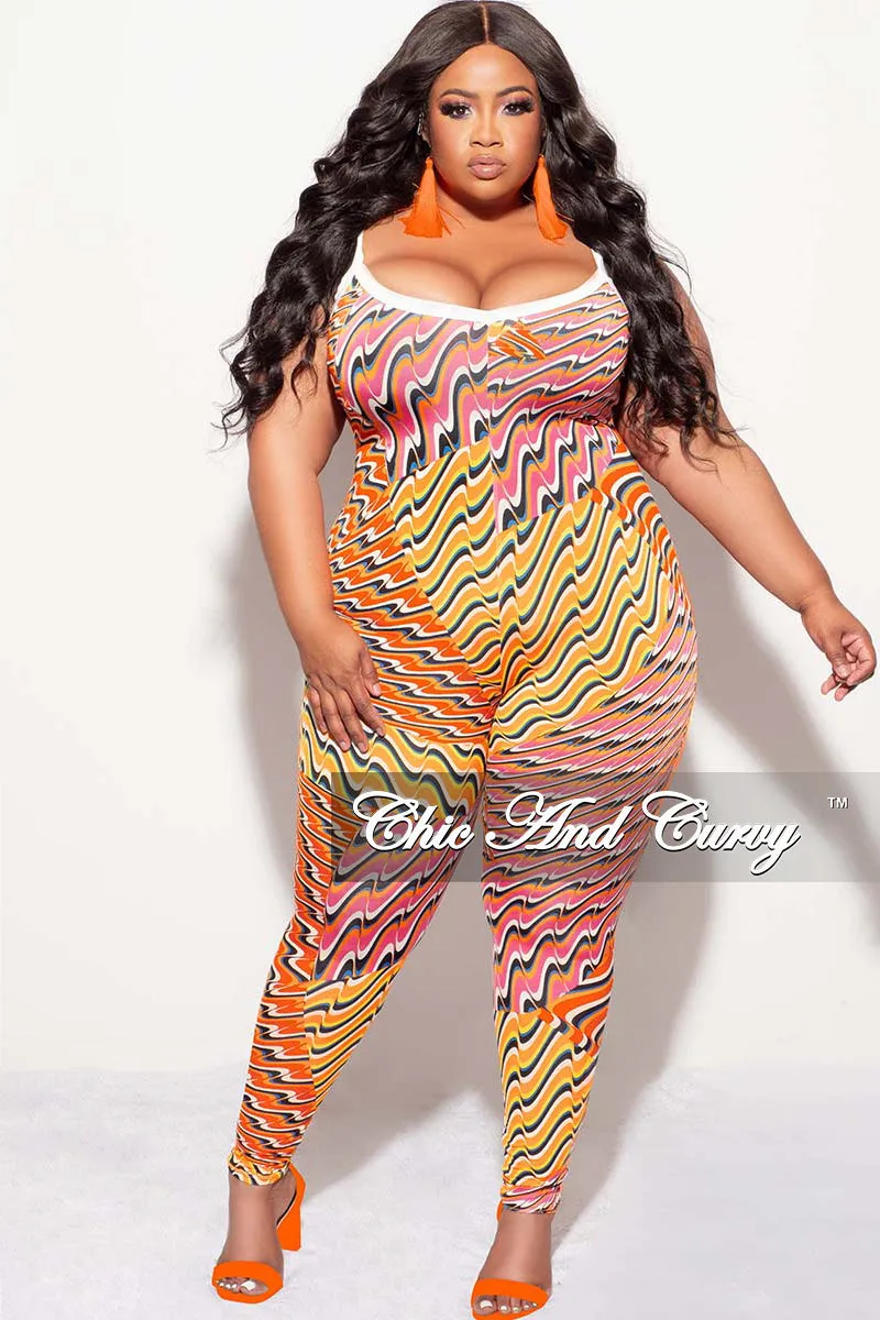 Final Sale Plus Size 2pc Duster & Spaghetti Strap Jumpsuit Set in Orange Multi Color Print