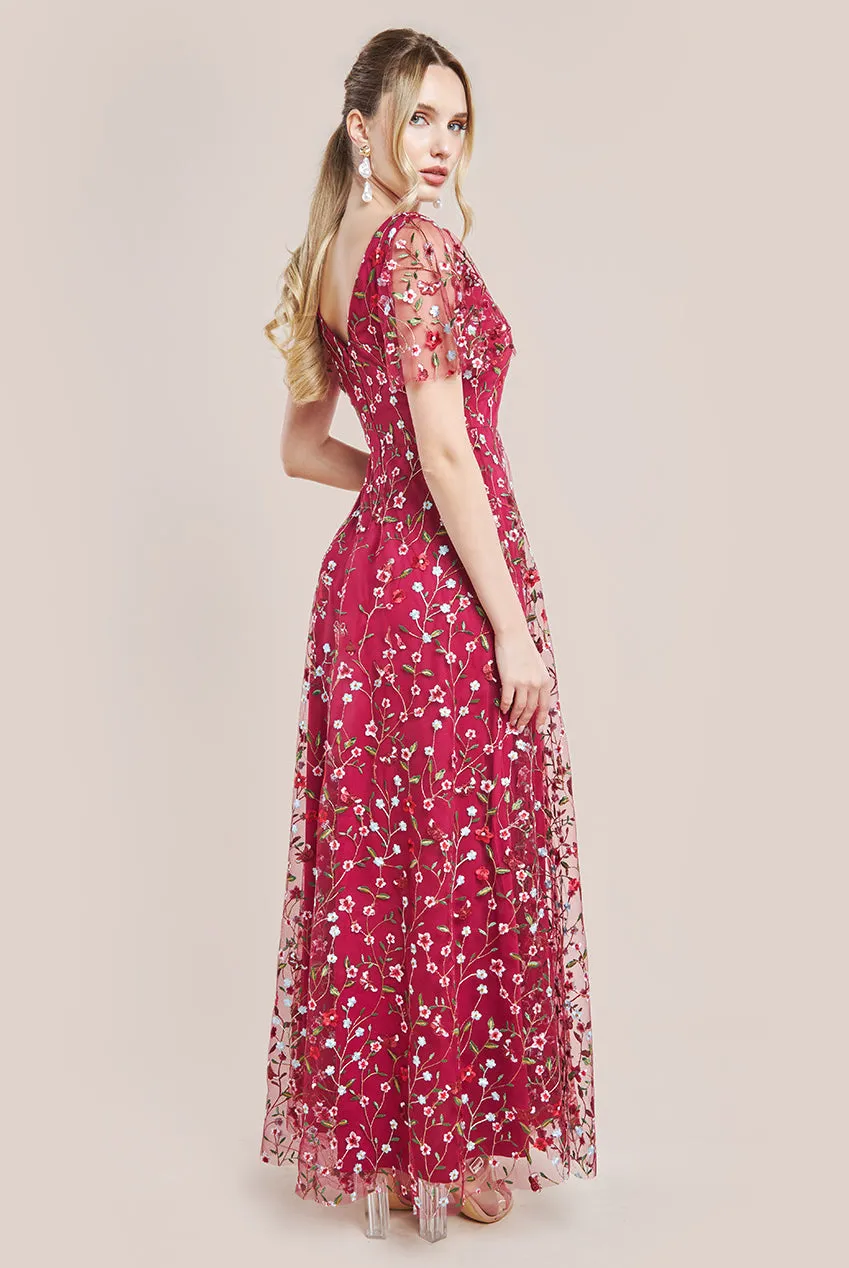 Flutter Sleeve Floral Embroidered Maxi - Burgundy by Goddiva