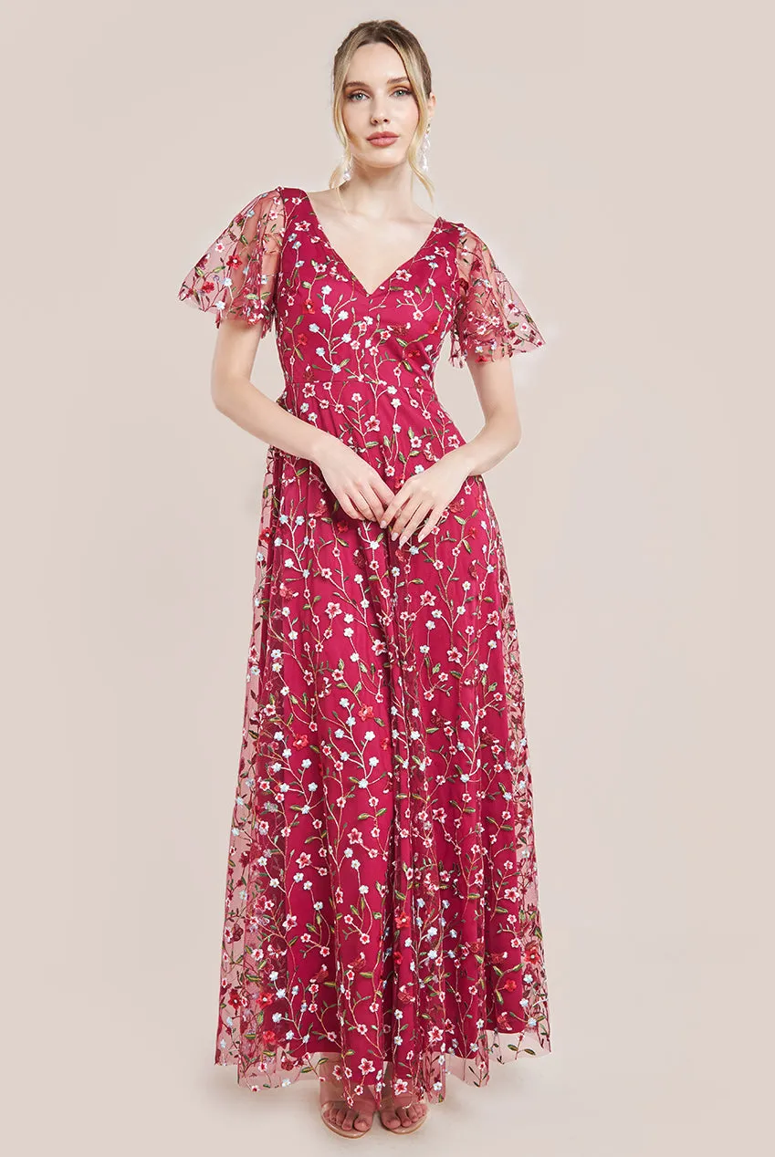 Flutter Sleeve Floral Embroidered Maxi - Burgundy by Goddiva