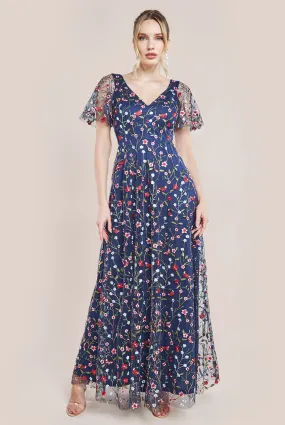 Flutter Sleeve Floral Embroidered Maxi - Navy by Goddiva