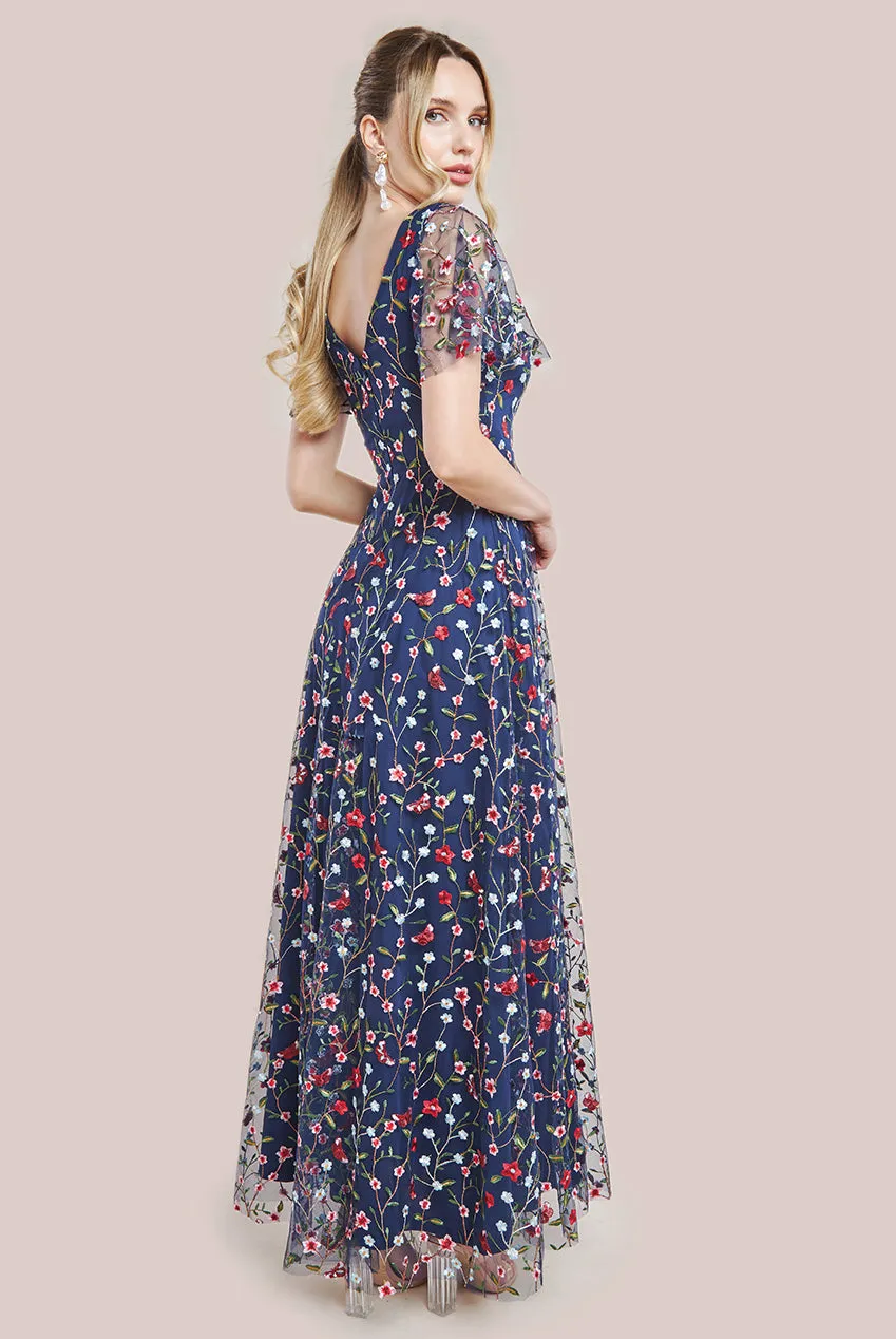 Flutter Sleeve Floral Embroidered Maxi - Navy by Goddiva