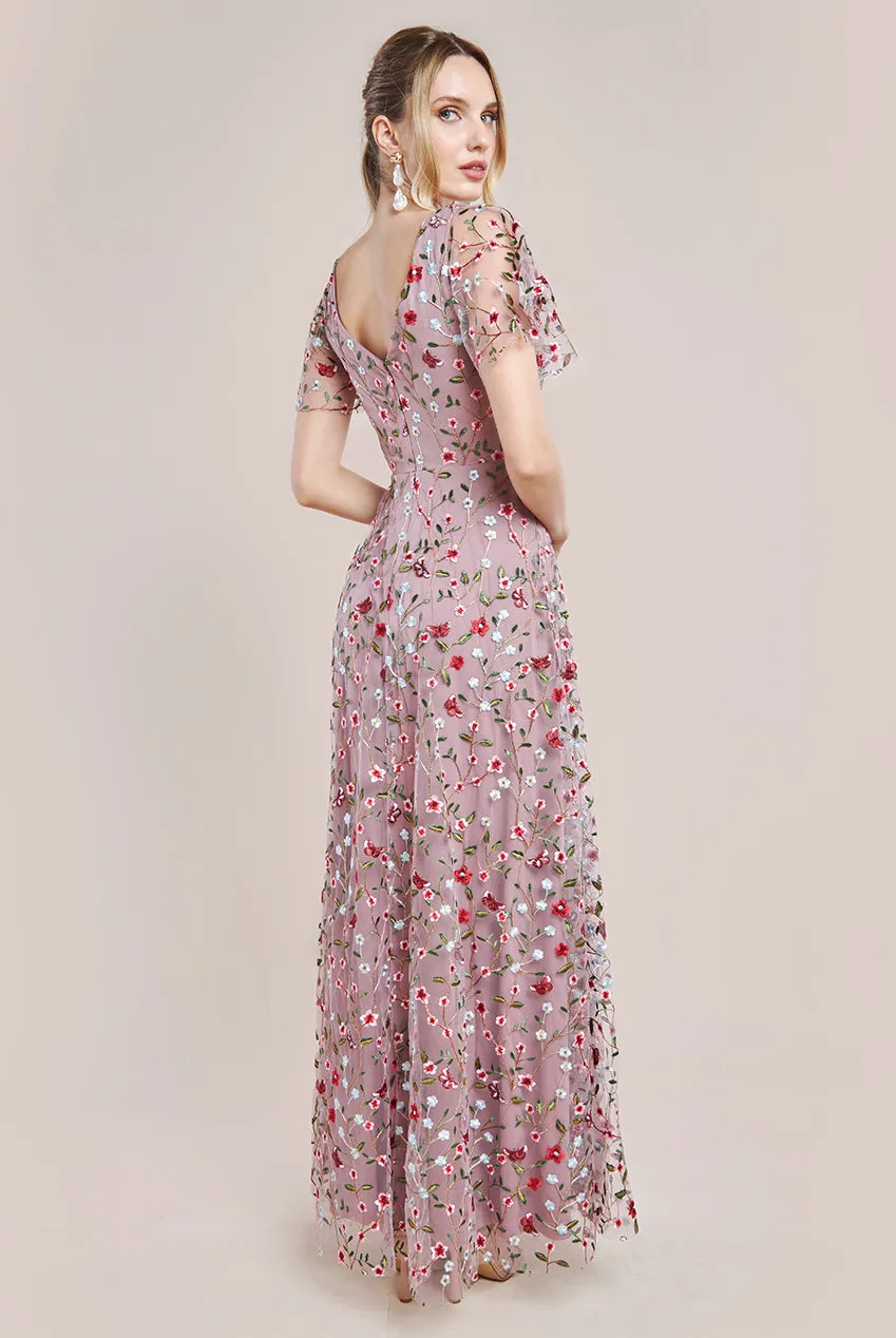 Flutter Sleeve Floral Embroidered Maxi - Rose Pink by Goddiva