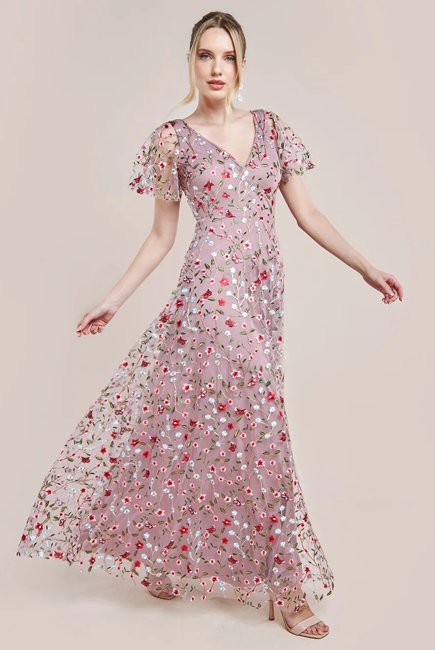 Flutter Sleeve Floral Embroidered Maxi - Rose Pink by Goddiva