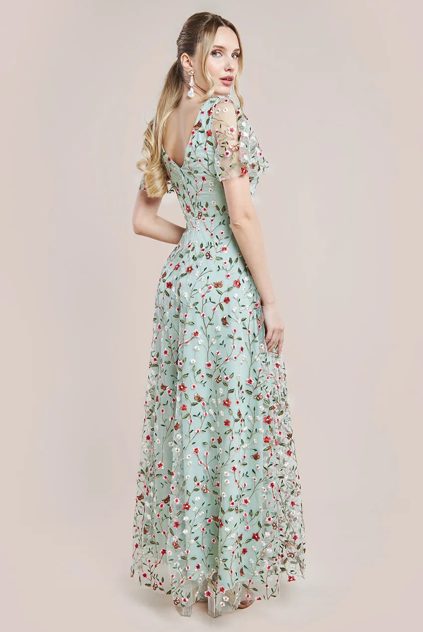 Flutter Sleeve Floral Embroidered Maxi - Sage Green by Goddiva