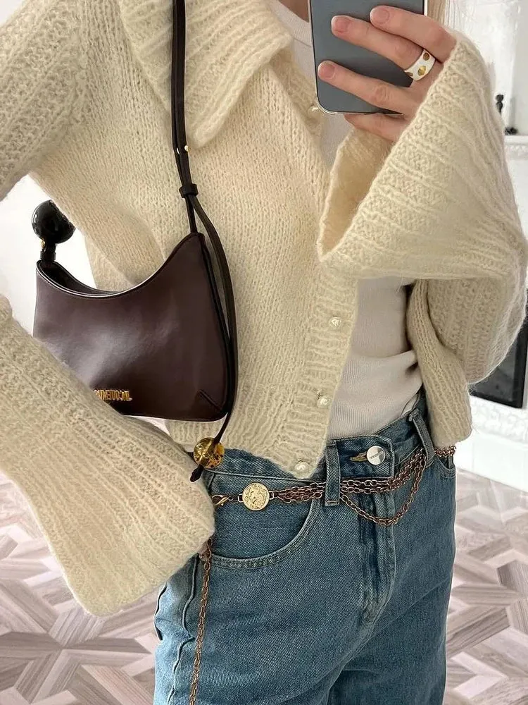 Flytonn Knit Sweater Cardigan Outwear Women's Lapel Long Sleeve Patchwork High Waist Cropped Top Streetwear Female Knitwear Coat