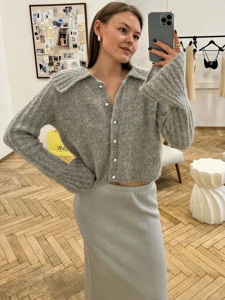 Flytonn Knit Sweater Cardigan Outwear Women's Lapel Long Sleeve Patchwork High Waist Cropped Top Streetwear Female Knitwear Coat