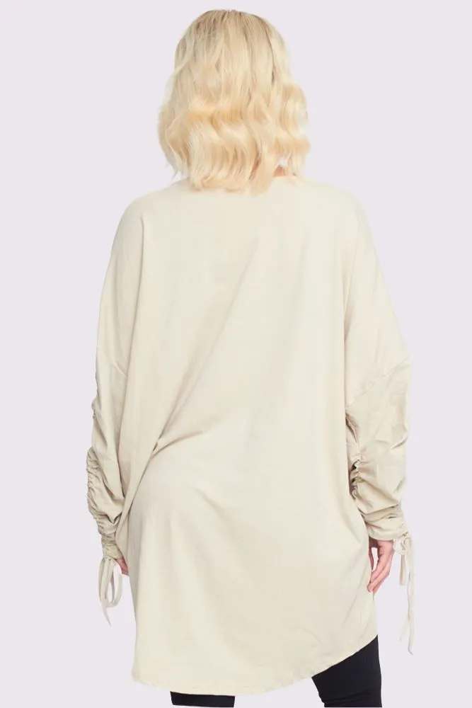 Foil Star Pattern Ruched Sleeve DipHem Oversized Cotton Top