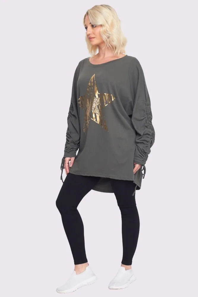 Foil Star Pattern Ruched Sleeve DipHem Oversized Cotton Top