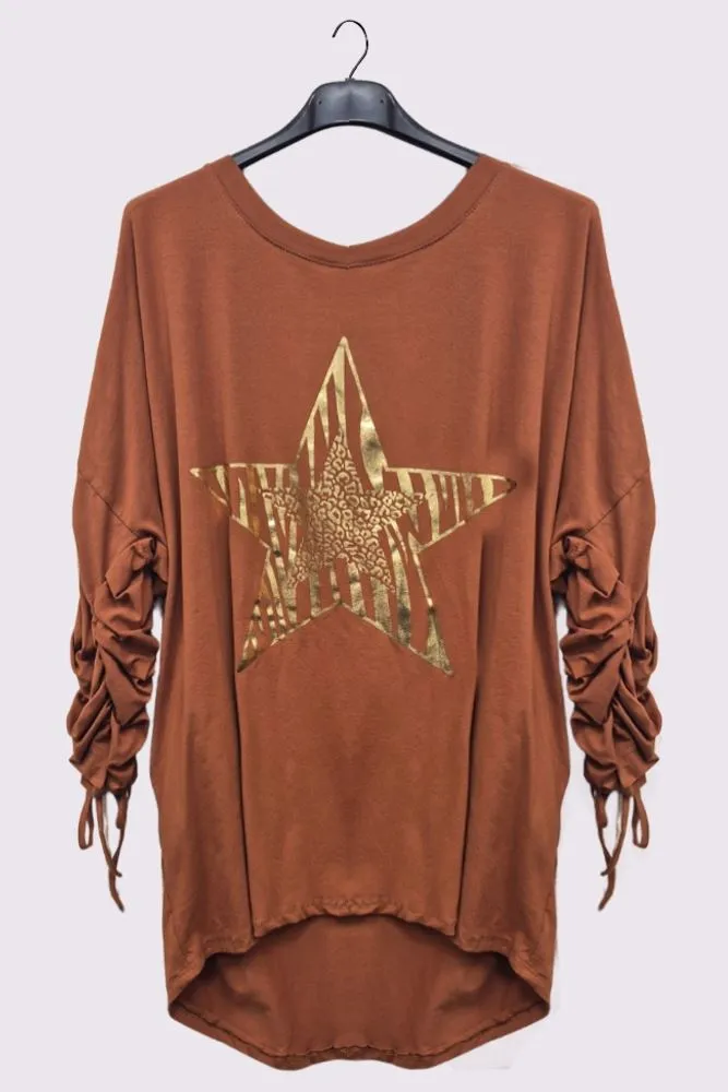 Foil Star Pattern Ruched Sleeve DipHem Oversized Cotton Top