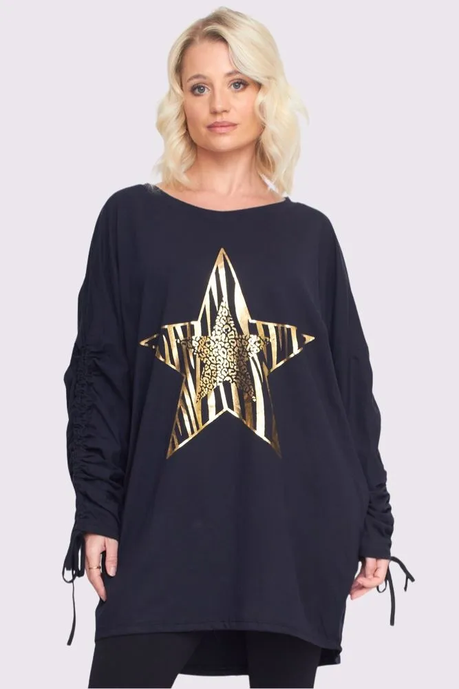 Foil Star Pattern Ruched Sleeve DipHem Oversized Cotton Top