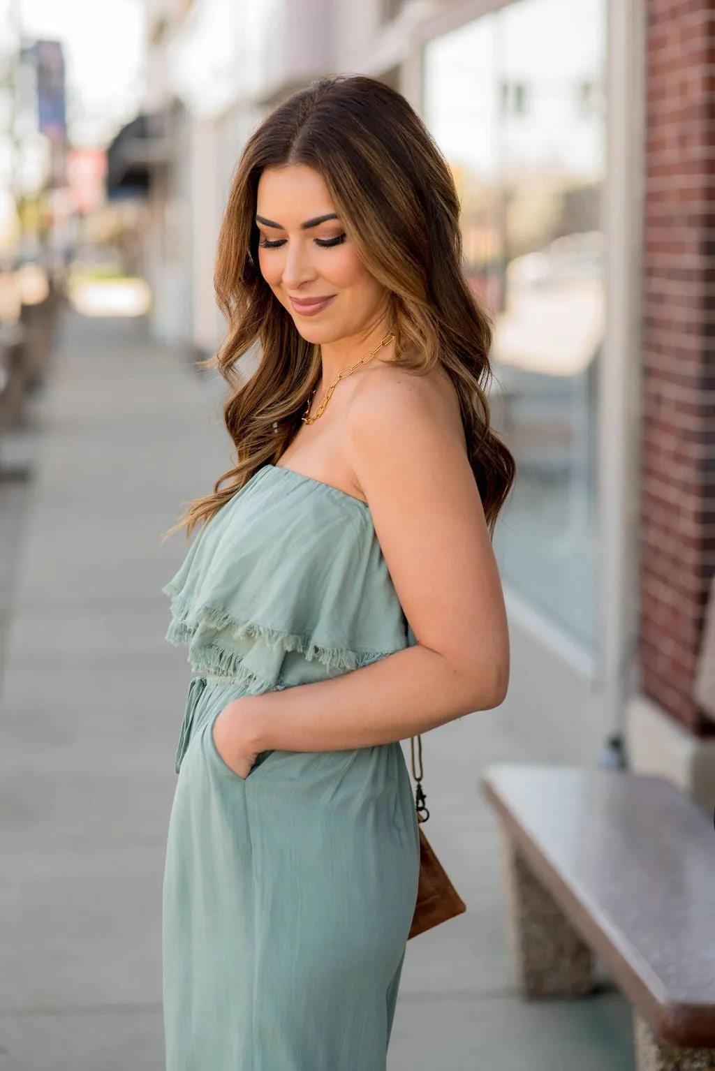 Frayed Edge Strapless Jumpsuit