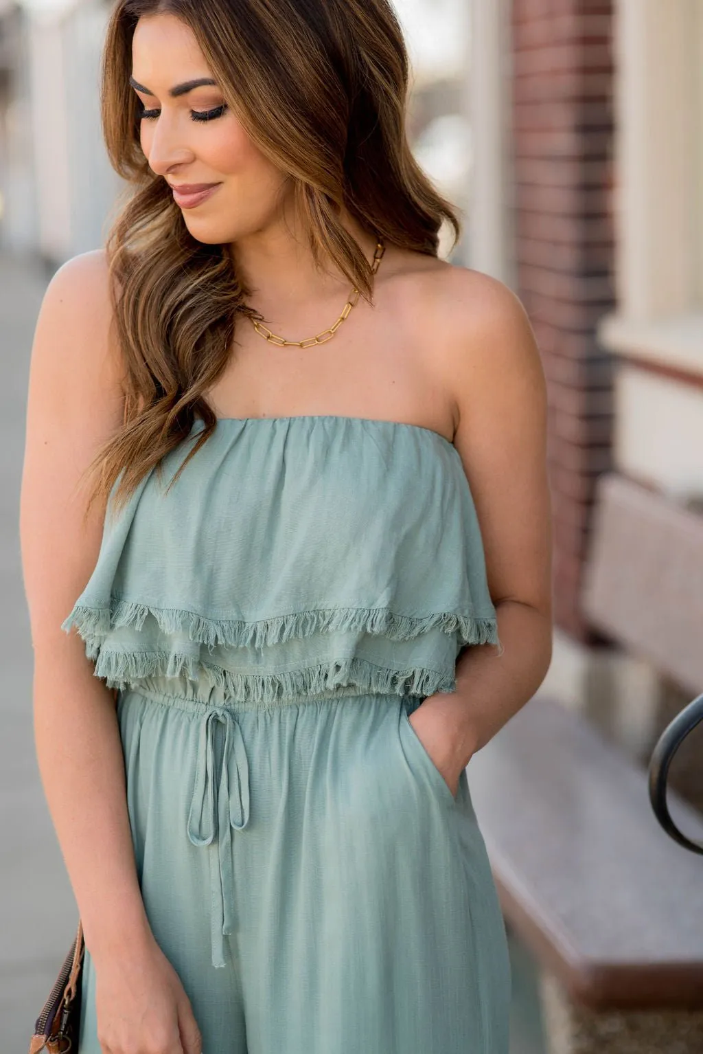 Frayed Edge Strapless Jumpsuit