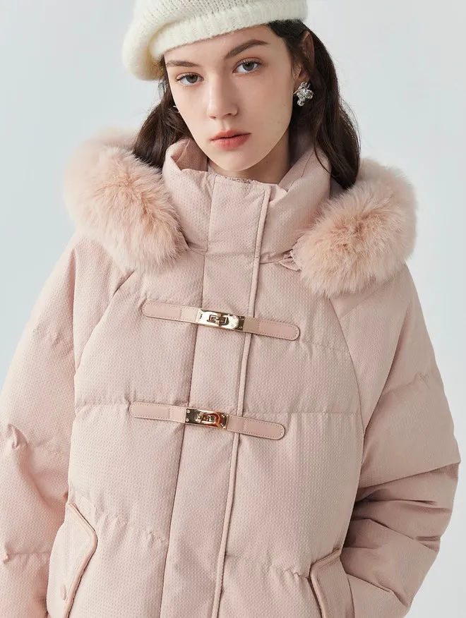 Fur collar hooded white duck down jacket women's long warm jacket