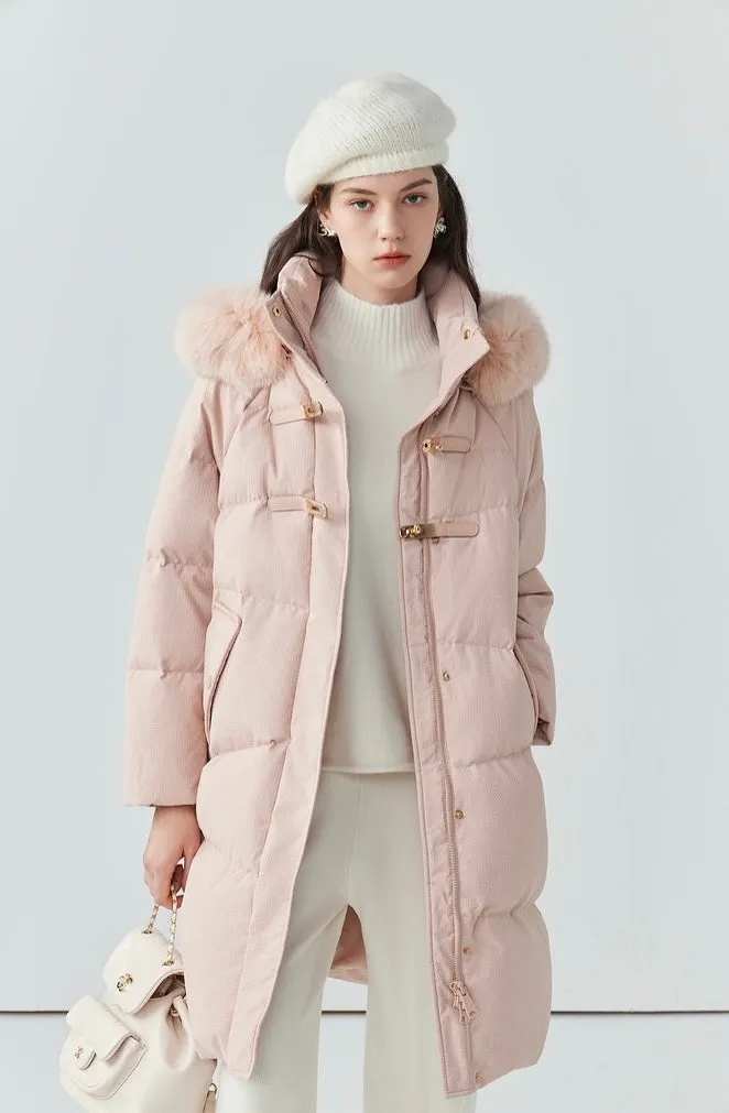 Fur collar hooded white duck down jacket women's long warm jacket