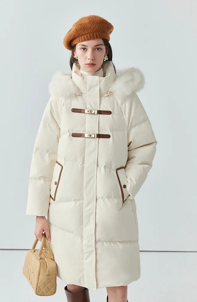 Fur collar hooded white duck down jacket women's long warm jacket