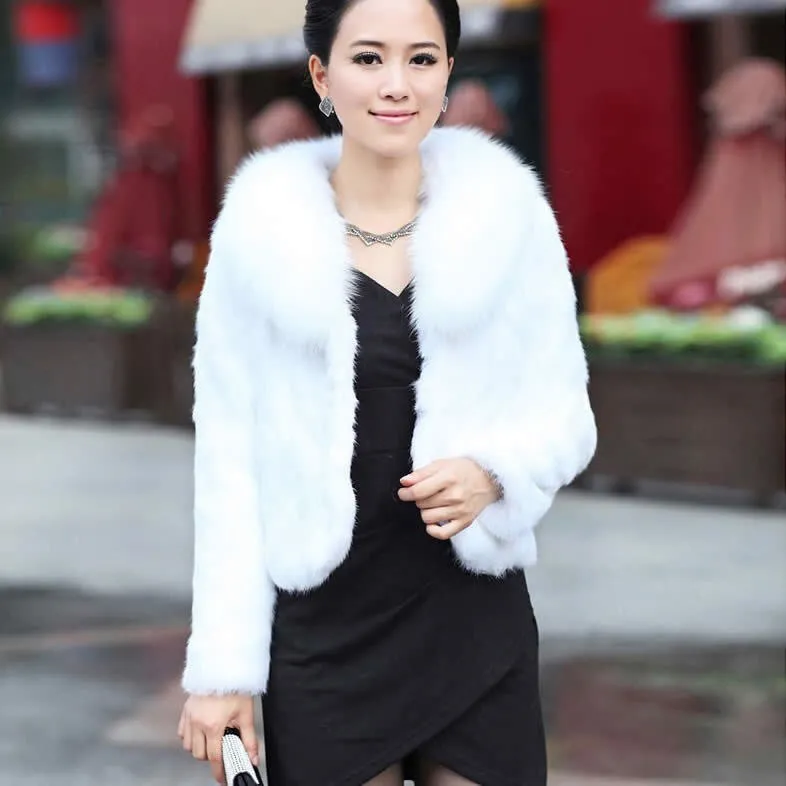 Genuine rabbit fur coat Finland fox fur collar womens' overcoat jacket 010157