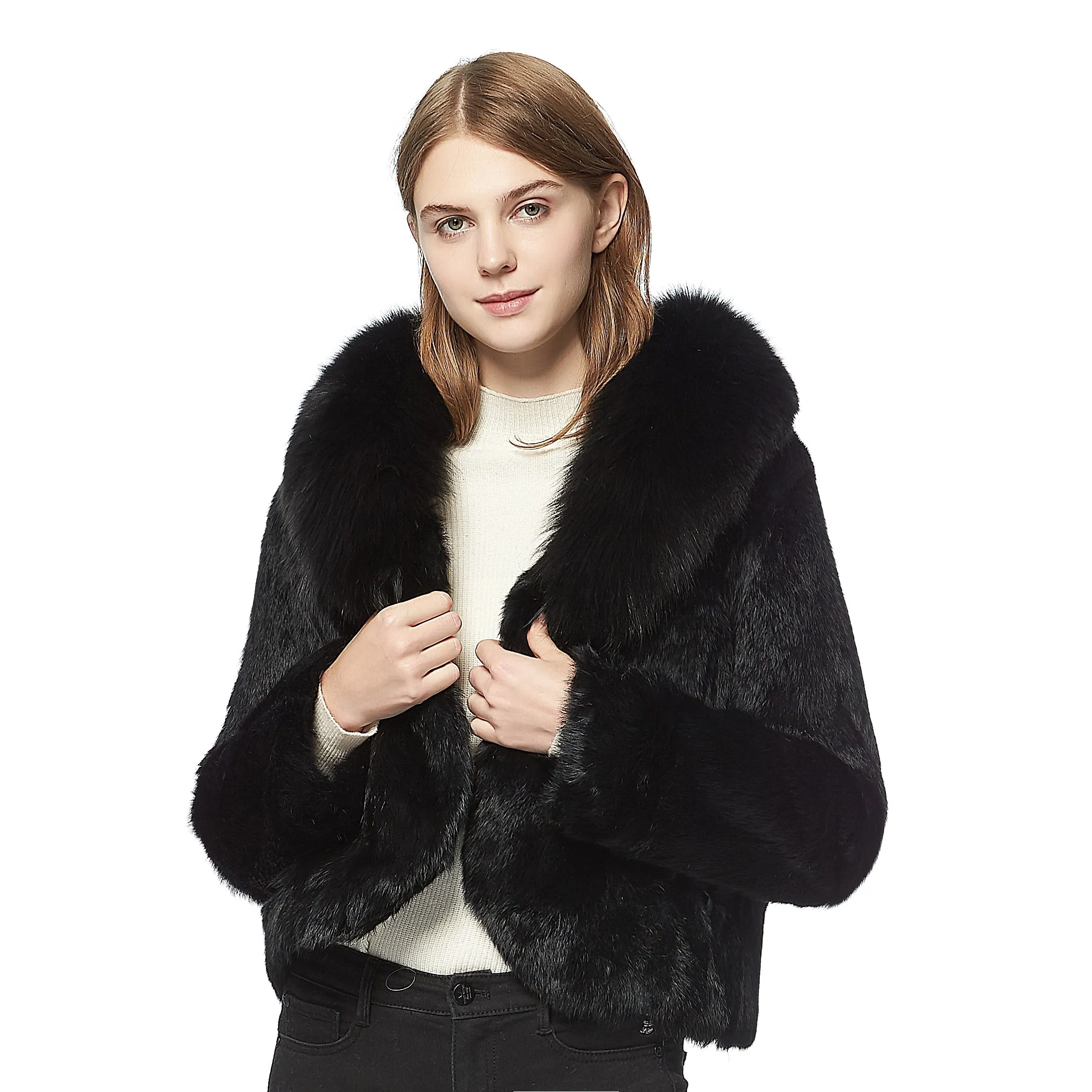 Genuine rabbit fur coat Finland fox fur collar womens' overcoat jacket 010157