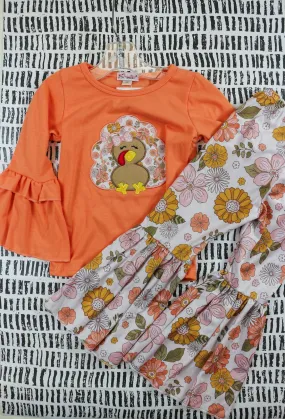 Girls Orange Turkey Floral Pants Set