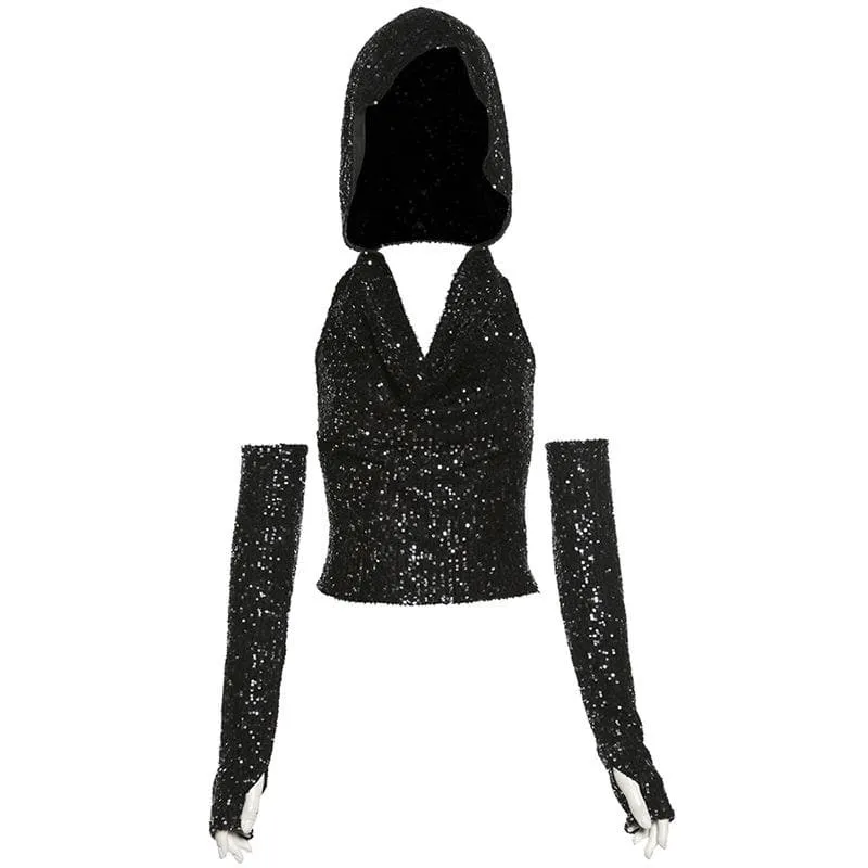 Glitter cowl neck hoodie gloves backless halter crop top