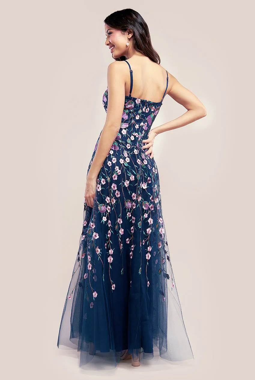 Goddiva Sleeveless Floral Mesh Maxi Dress - Navy